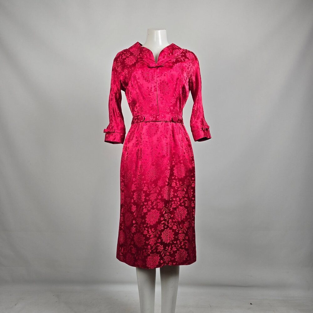 Vintage Red Floral Belted Midi Dress Size S/M